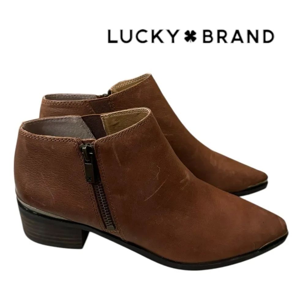 LUCKY BRAND Kaedee Women's Toffee Side Zip Leather Ankle Boots Booties 7.5